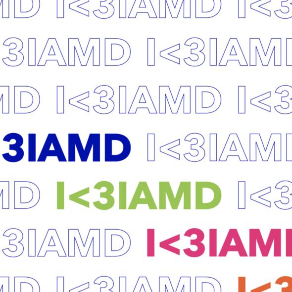 repeated outlined text reads: i<3iamd 