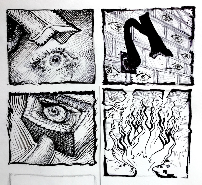 A black and white ink drawing containing 4 individual panel drawings. In each other of the drawing is a different scenario of an eye in space.