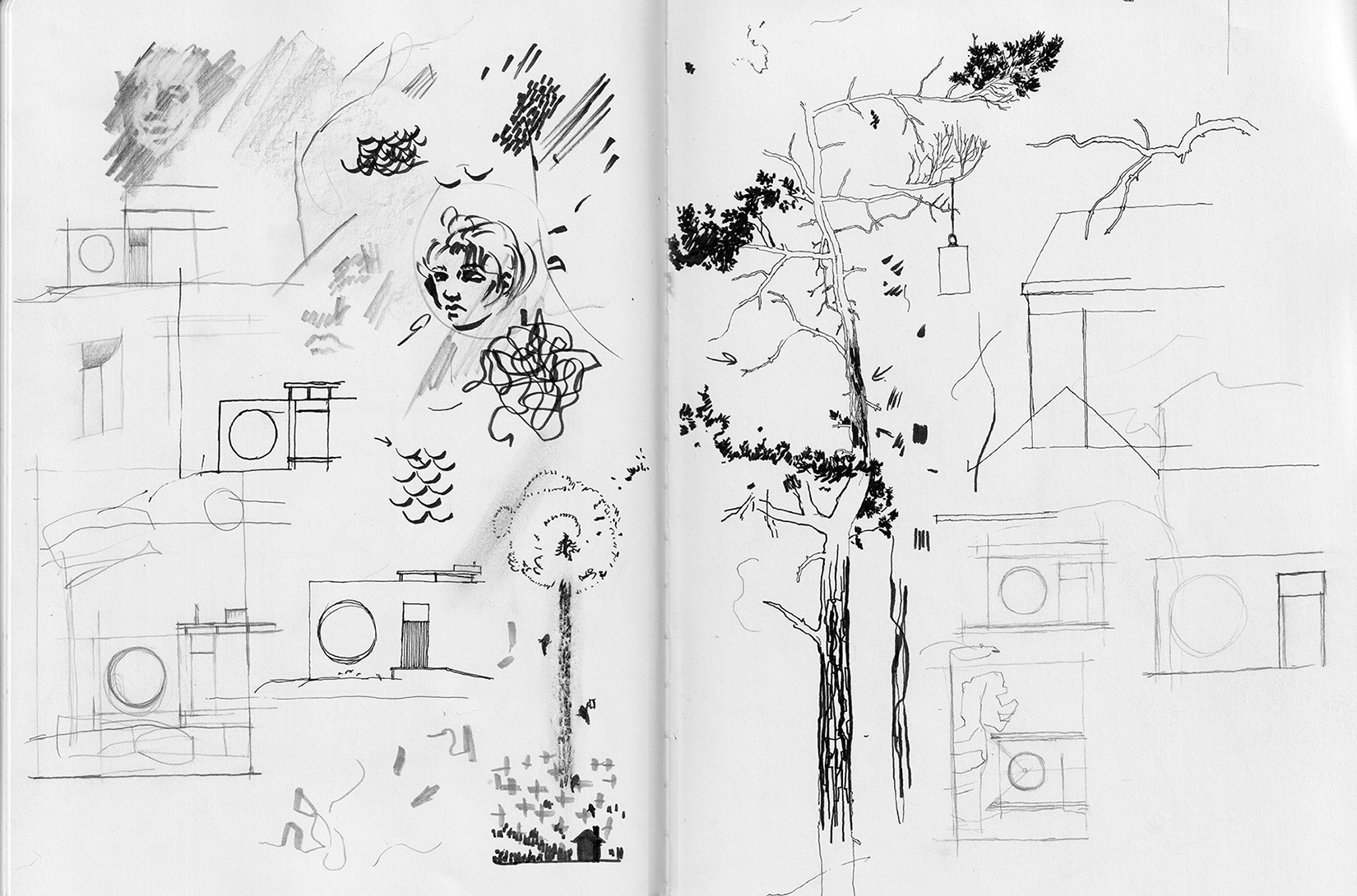 An open sketchbook book with loose drawings of faces, trees and houses in dark ink pen.